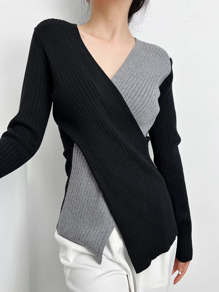 Slim Knitting Irregular Sweater For Women V Neck Long Sleeve Solid Minimalsit Pullover Female Clothing Fashion