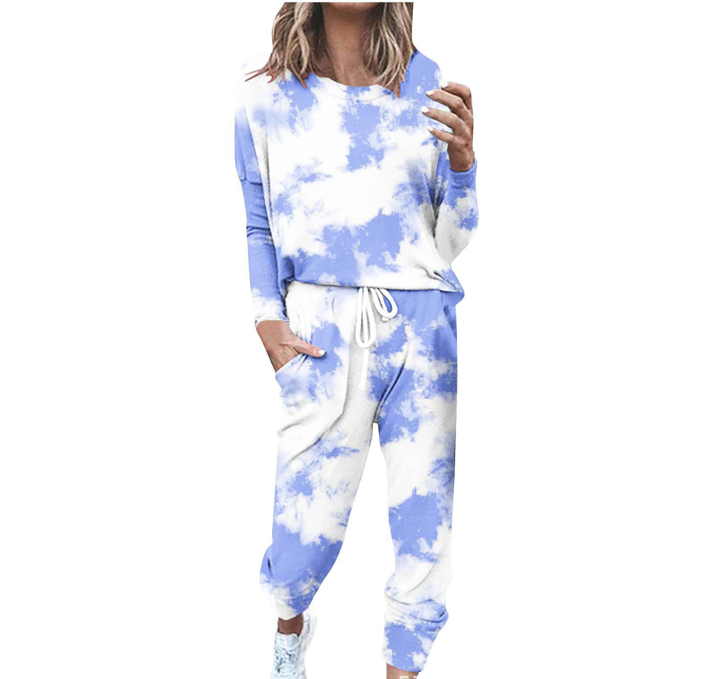 Striped Contrast Color Slim Long Sleeve Top High Waist Straight Wide Drawstring Pocket Trousers Suit