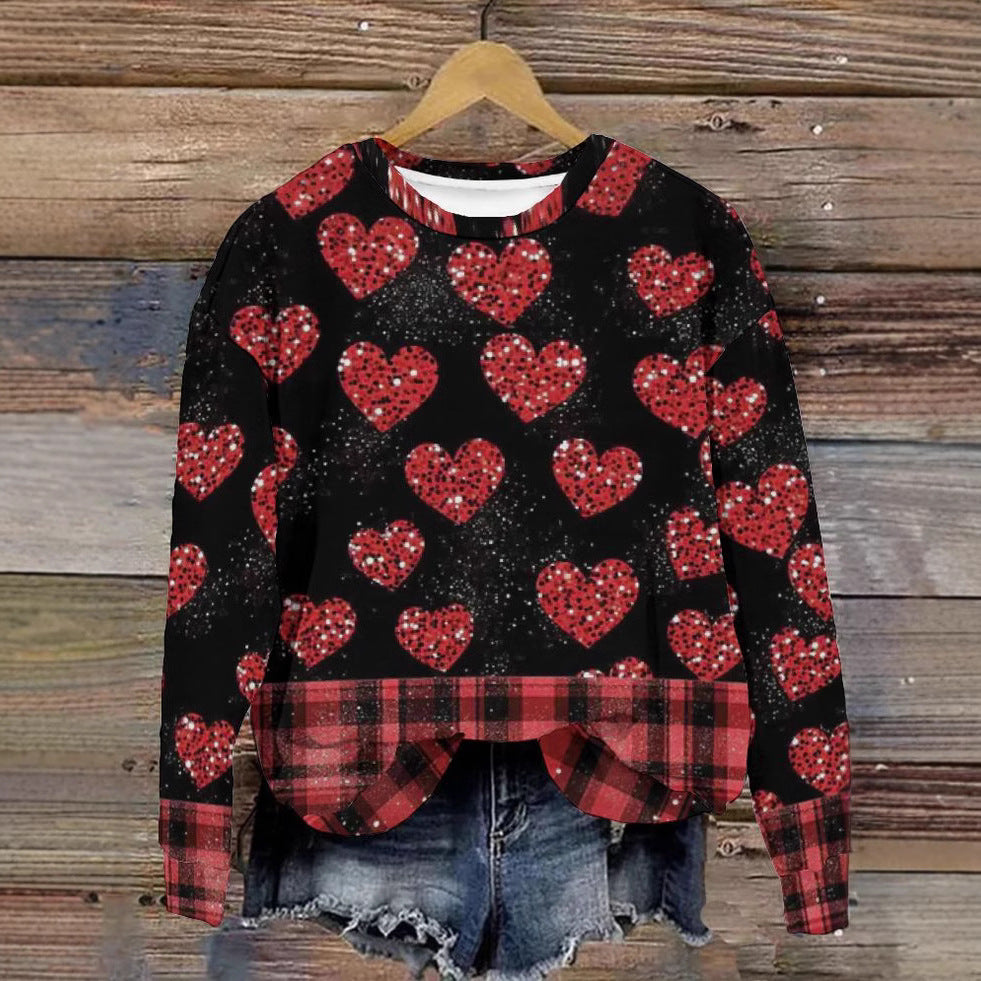 Heart Printing Round Neck Long Sleeve Pullover Hoodie