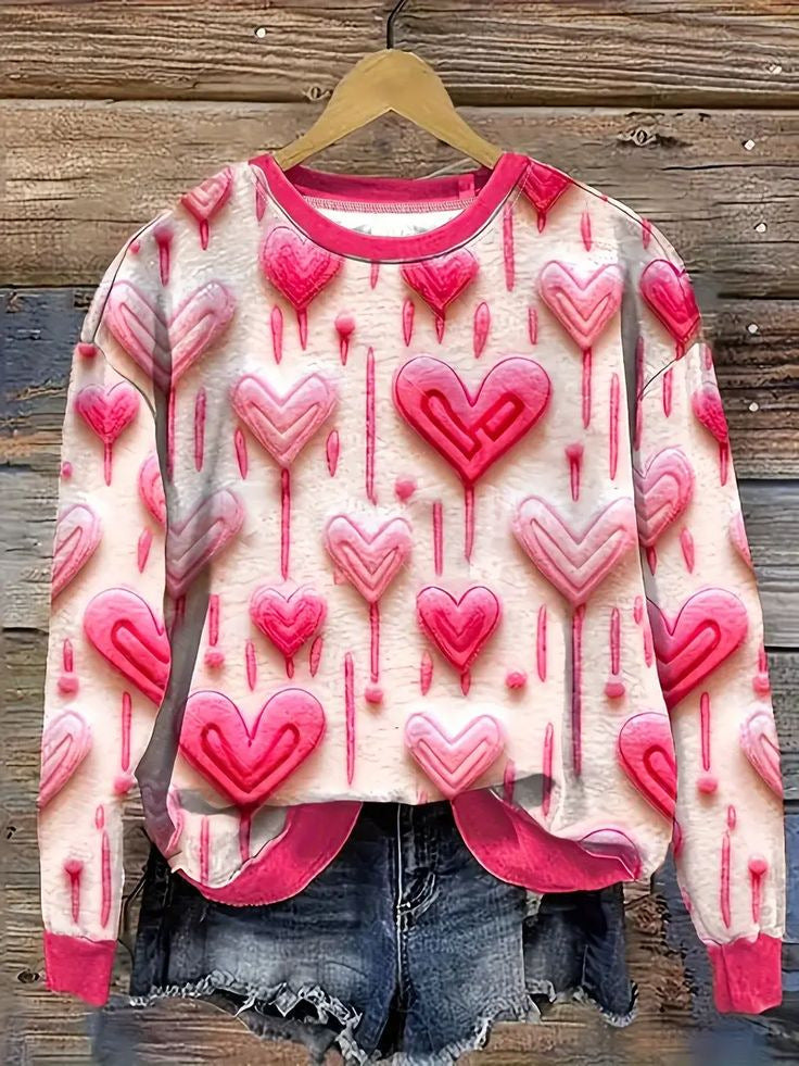 Heart Printing Round Neck Long Sleeve Pullover Hoodie
