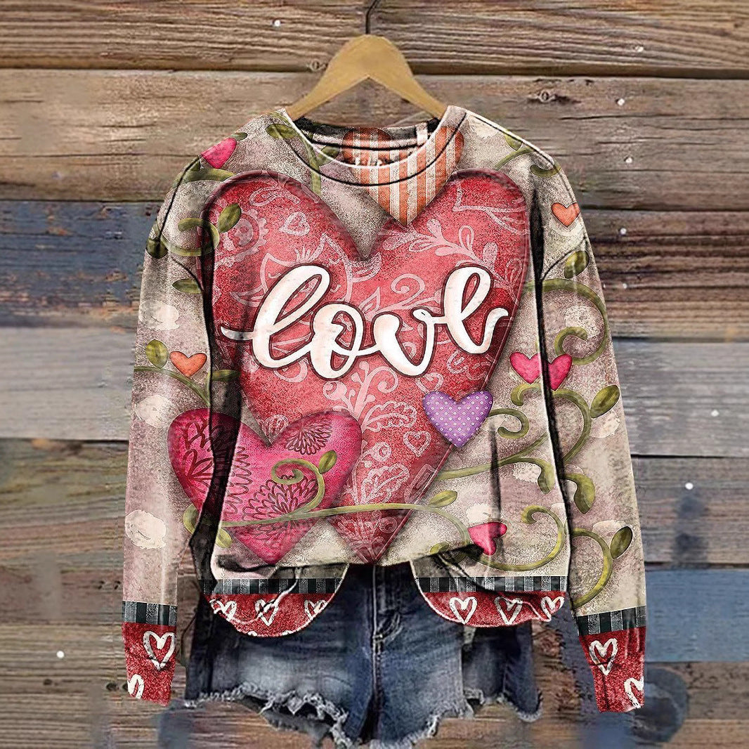 Heart Printing Round Neck Long Sleeve Pullover Hoodie