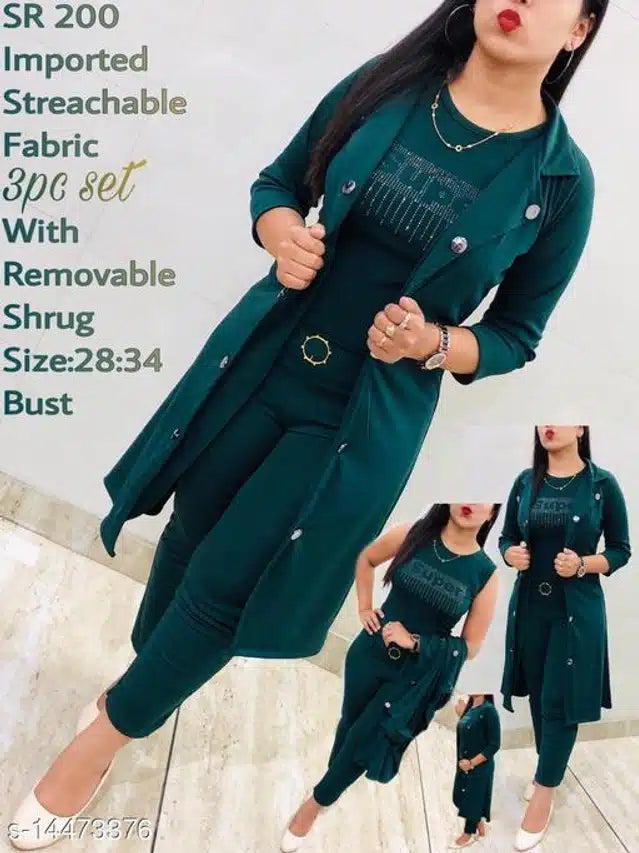 Top & Bottom Set with Jacket for Women (Green, L)