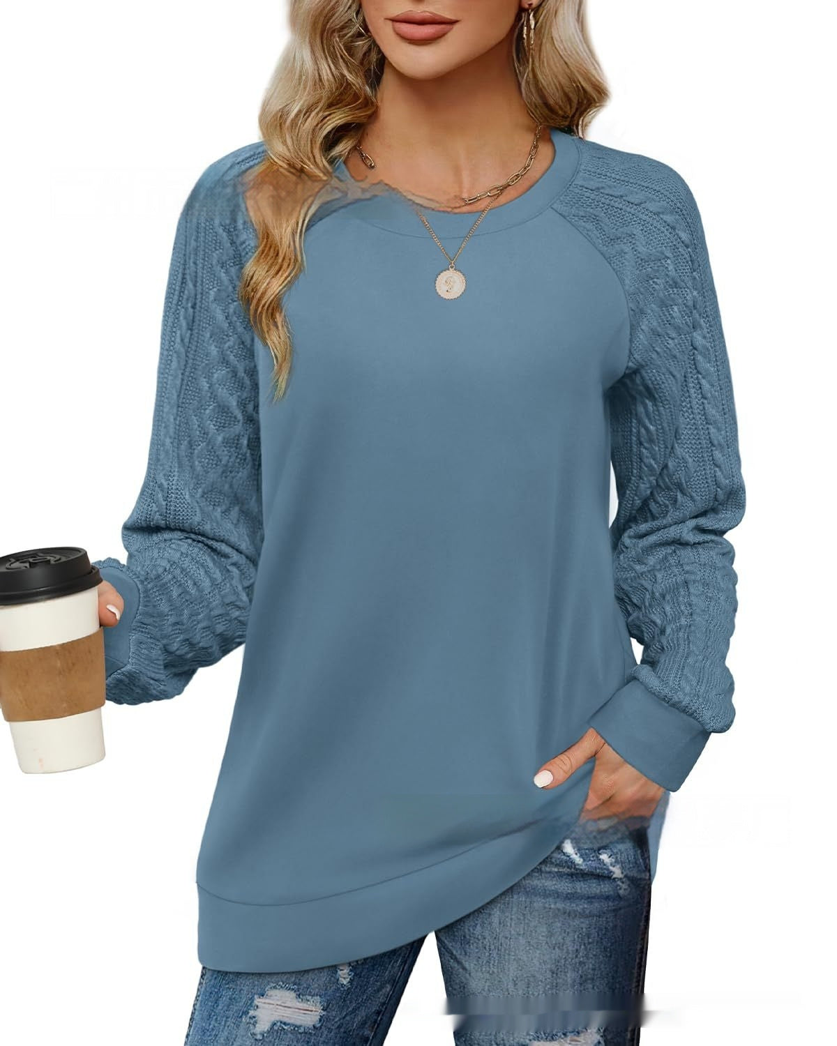 European And American Round Neck Twisted Knitted Sleeve Sweater