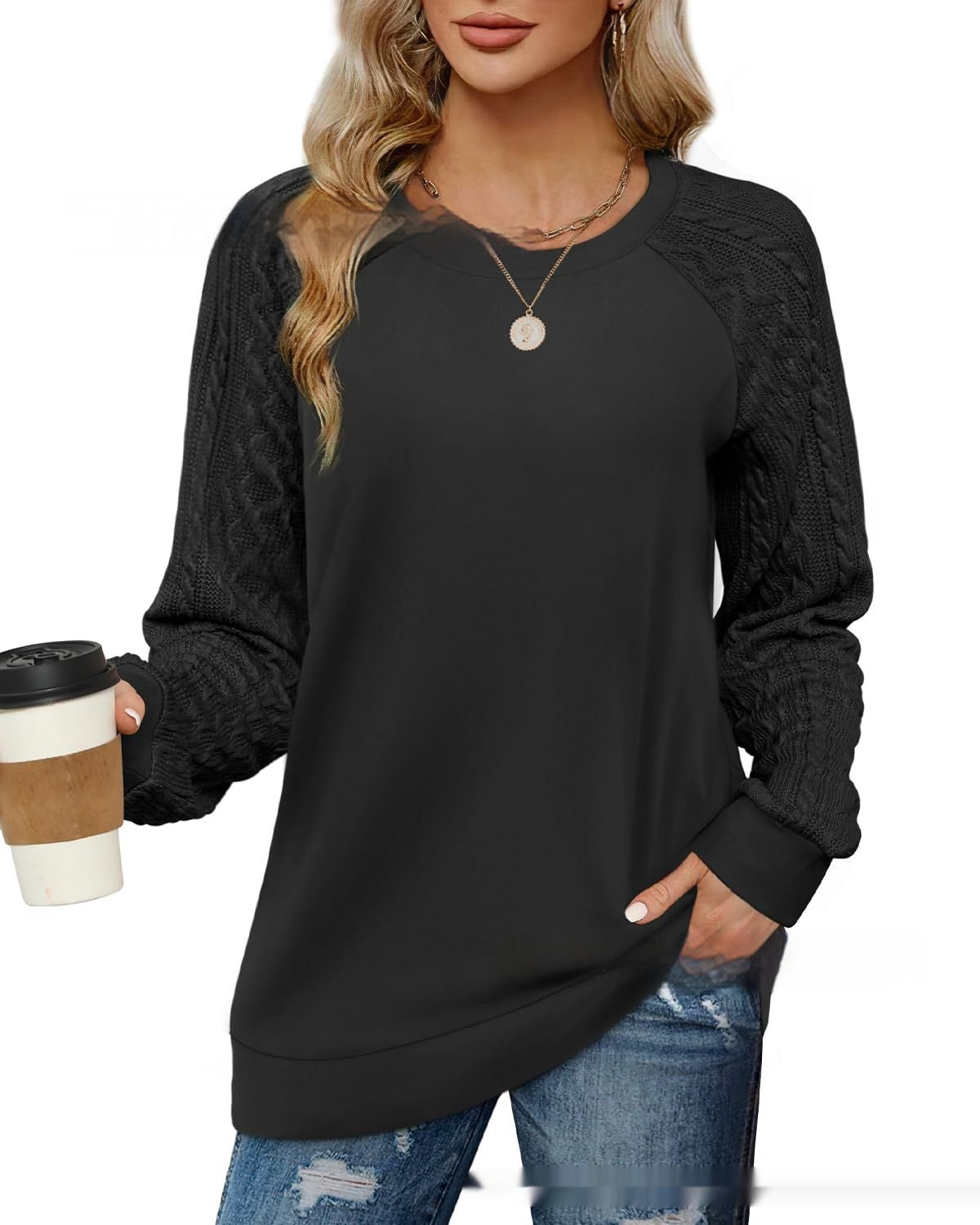 European And American Round Neck Twisted Knitted Sleeve Sweater