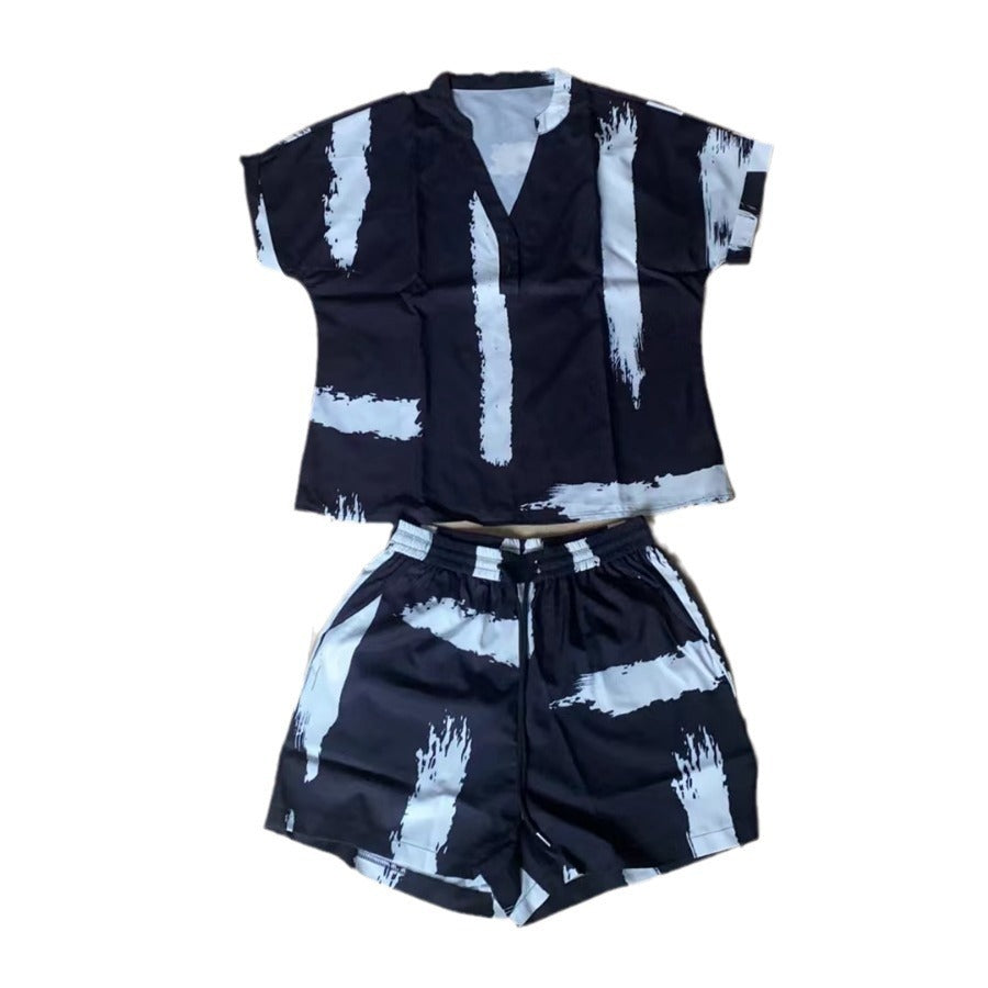 Brush Pattern Batwing Sleeve Top And Shorts Temperament Leisure Beautiful Suit