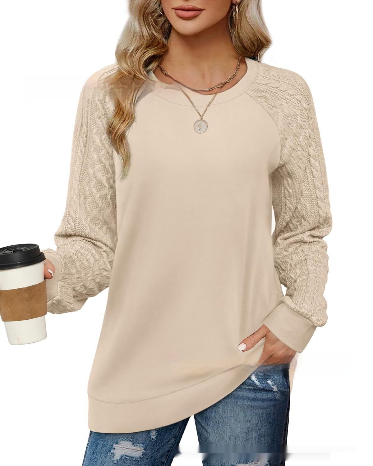 European And American Round Neck Twisted Knitted Sleeve Sweater
