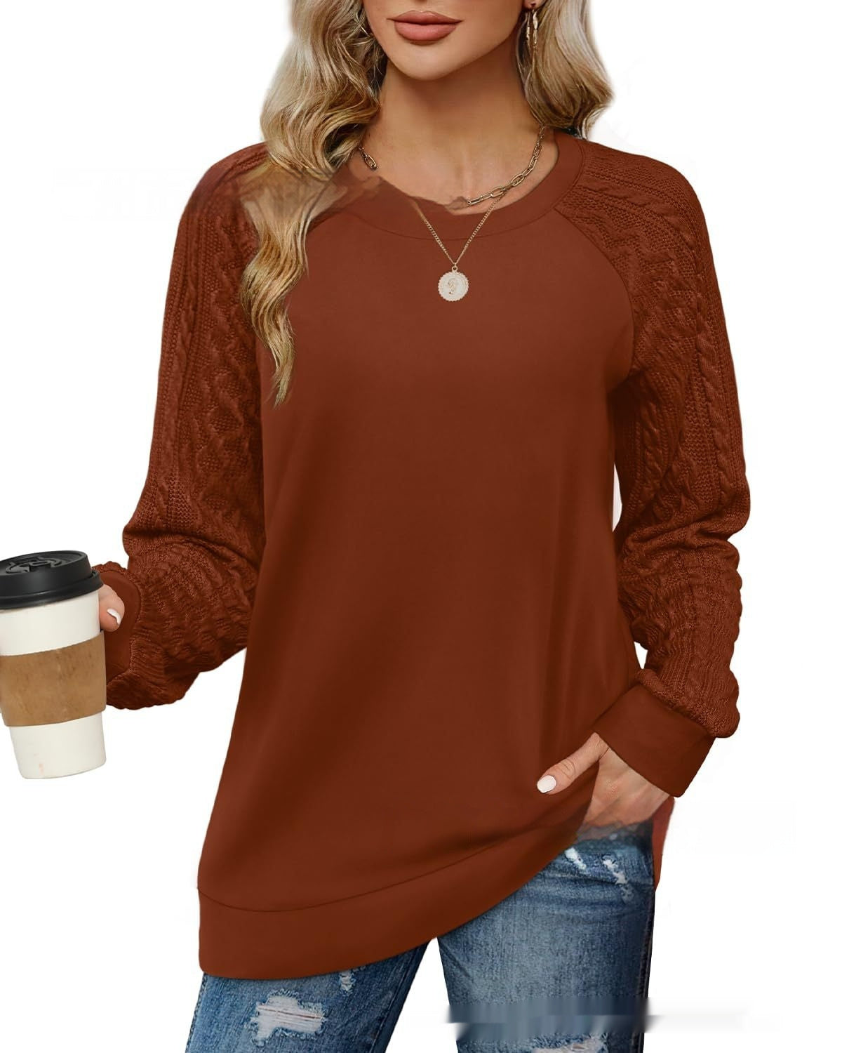 European And American Round Neck Twisted Knitted Sleeve Sweater