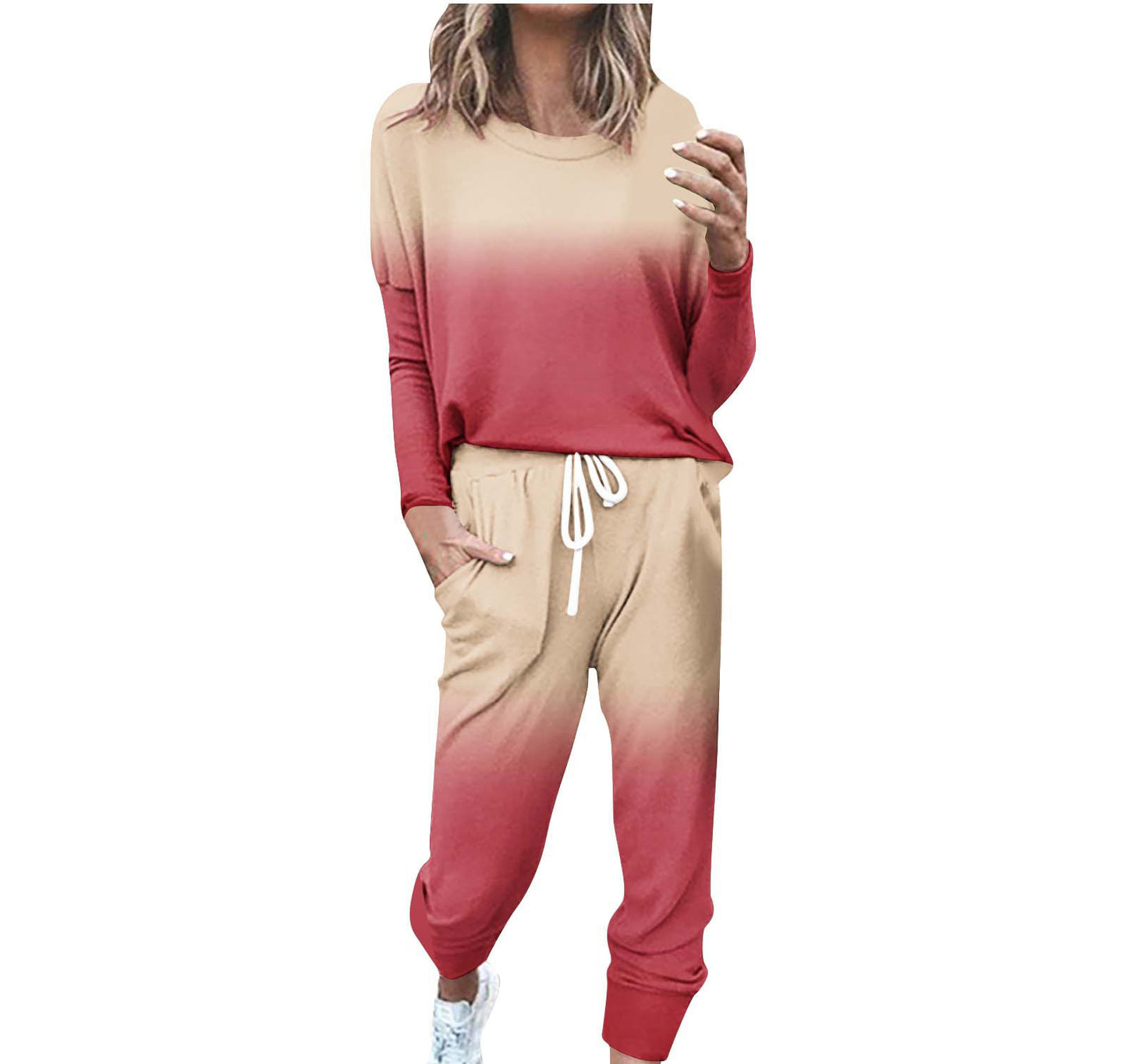 Striped Contrast Color Slim Long Sleeve Top High Waist Straight Wide Drawstring Pocket Trousers Suit