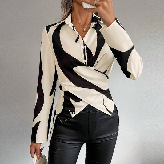 Women's Contrast Color Cross Tied Long Sleeves Shirt