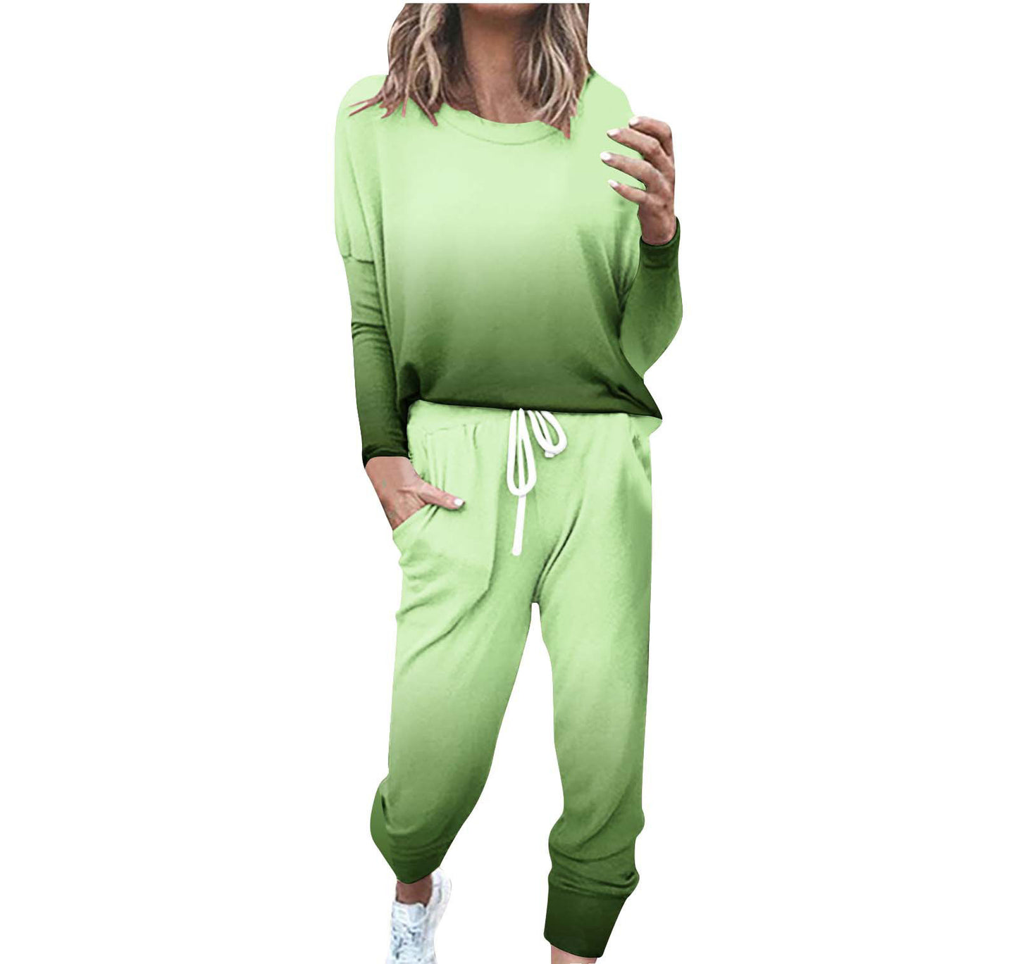 Striped Contrast Color Slim Long Sleeve Top High Waist Straight Wide Drawstring Pocket Trousers Suit