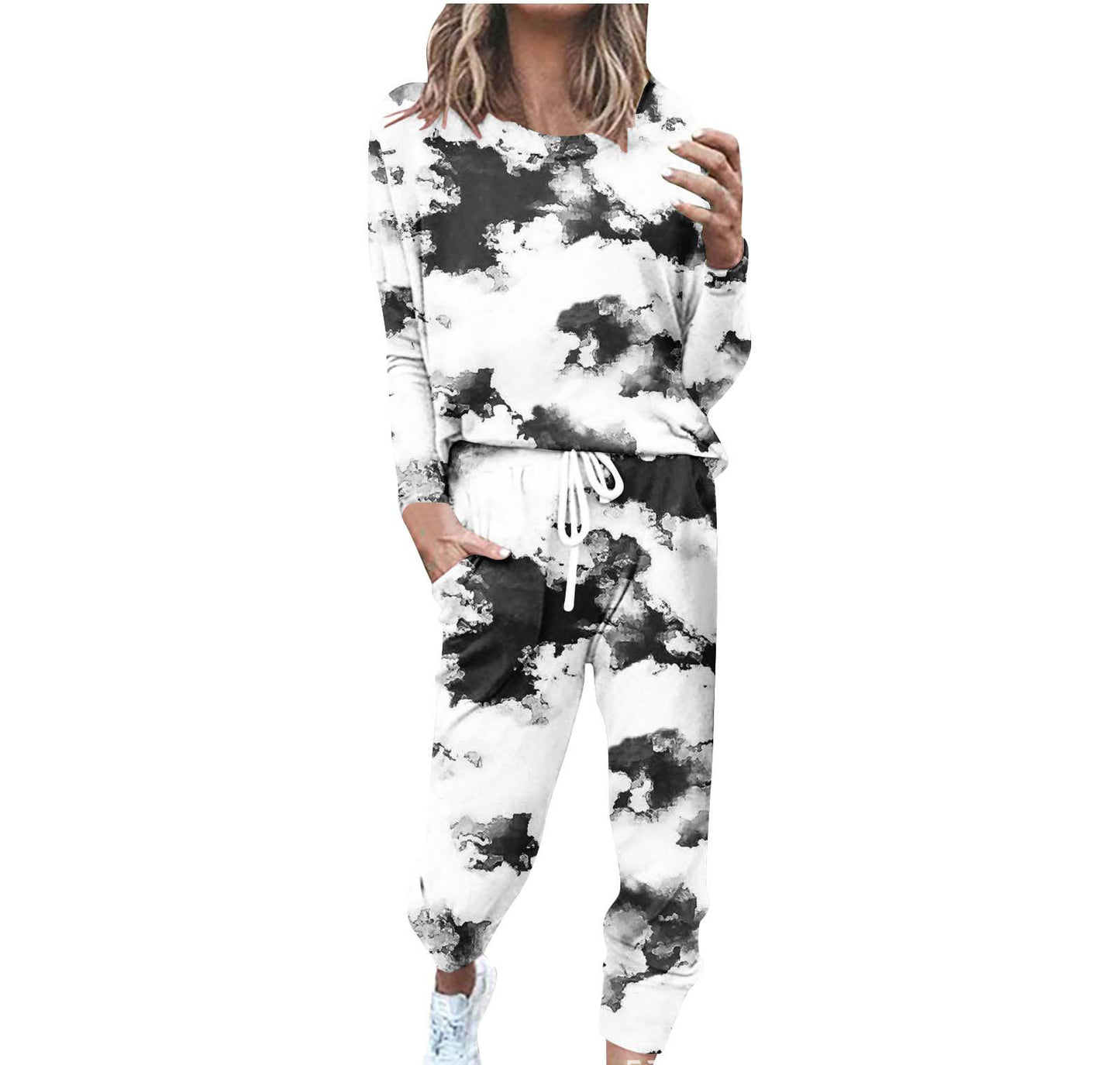 Striped Contrast Color Slim Long Sleeve Top High Waist Straight Wide Drawstring Pocket Trousers Suit