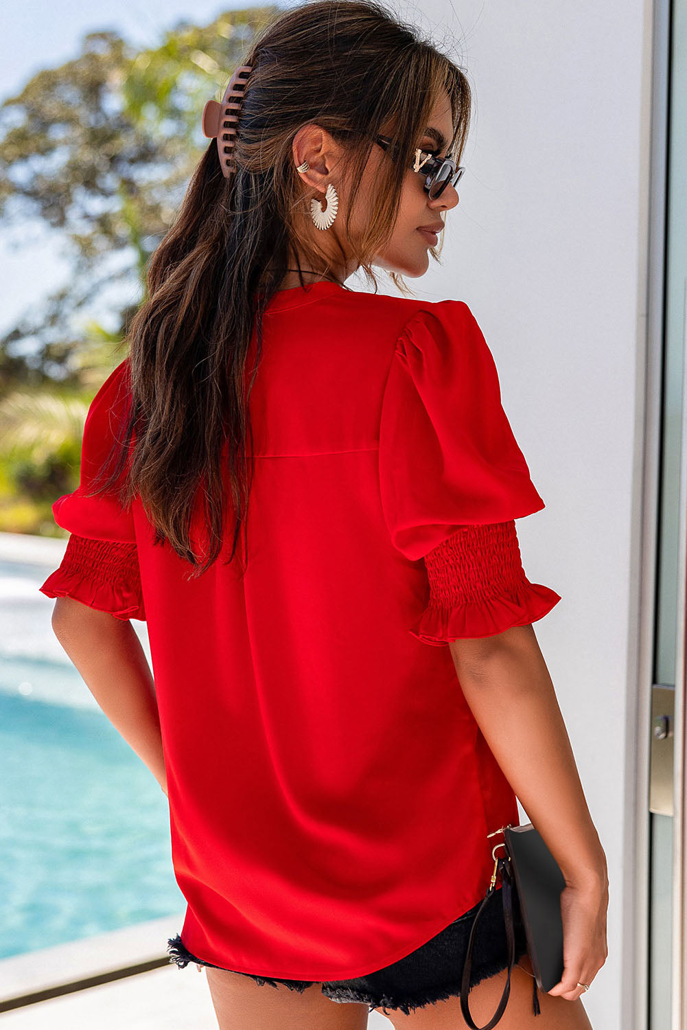 Fiery Red Solid Color Half Sleeve V Neck top