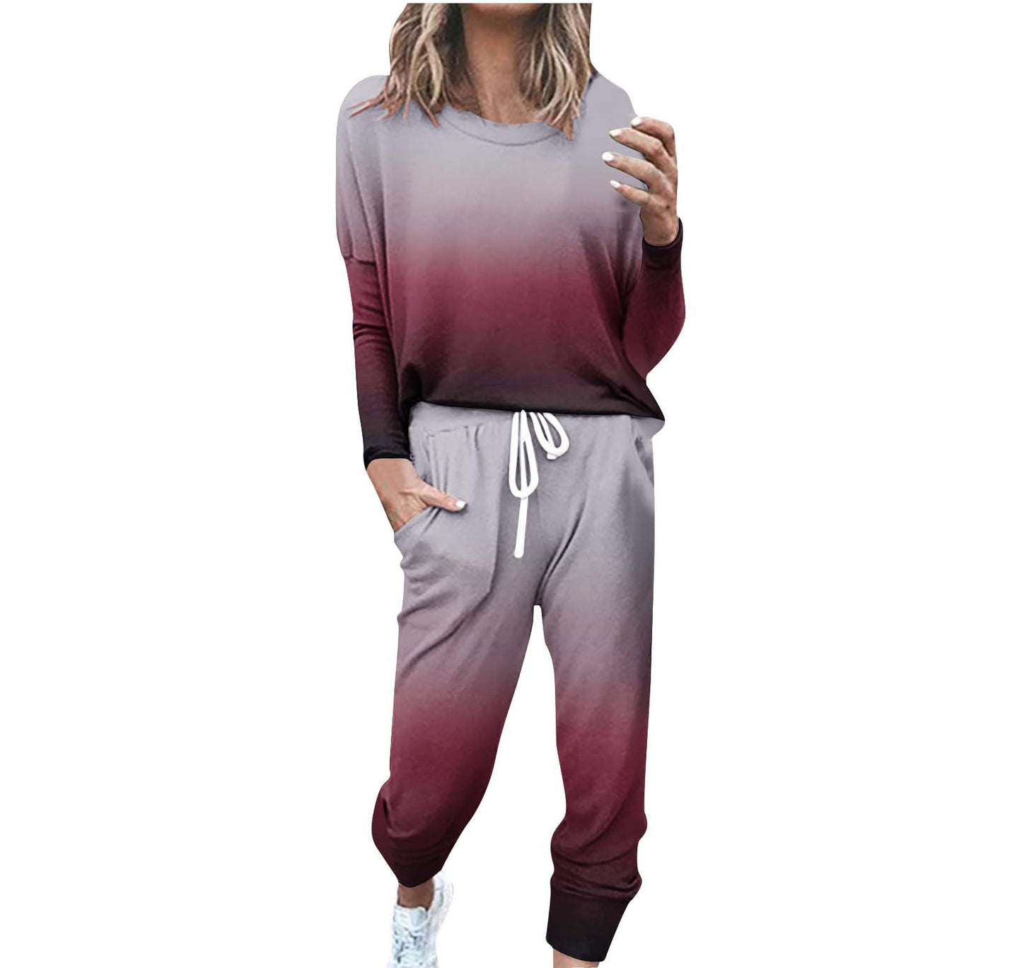 Striped Contrast Color Slim Long Sleeve Top High Waist Straight Wide Drawstring Pocket Trousers Suit