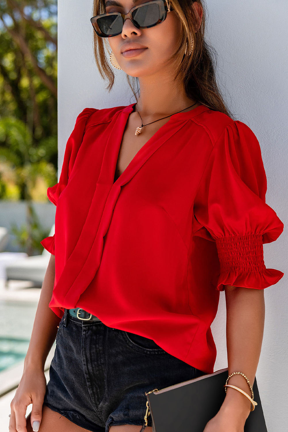 Fiery Red Solid Color Half Sleeve V Neck top