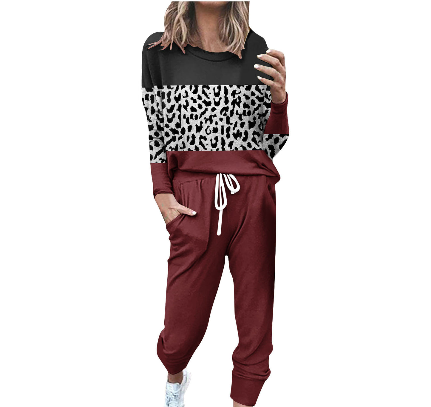 Striped Contrast Color Slim Long Sleeve Top High Waist Straight Wide Drawstring Pocket Trousers Suit