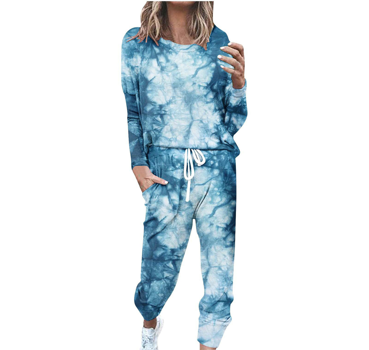 Striped Contrast Color Slim Long Sleeve Top High Waist Straight Wide Drawstring Pocket Trousers Suit