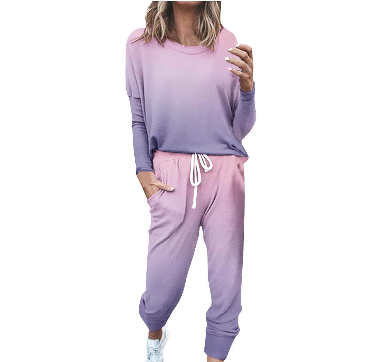 Striped Contrast Color Slim Long Sleeve Top High Waist Straight Wide Drawstring Pocket Trousers Suit