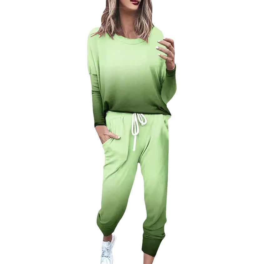 Striped Contrast Color Slim Long Sleeve Top High Waist Straight Wide Drawstring Pocket Trousers Suit