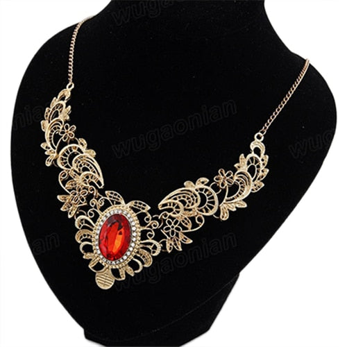 Boho Vintage Women Luxury Party Hollow Out Flower Oval Rhinestone Statement Bib Necklace indian  Lady Dress Choker Big Necklace