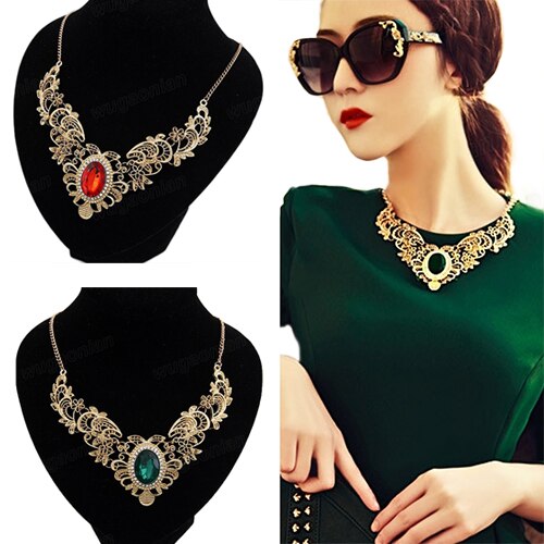 Boho Vintage Women Luxury Party Hollow Out Flower Oval Rhinestone Statement Bib Necklace indian  Lady Dress Choker Big Necklace