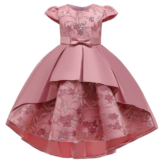 Popular Short Sleeves Wedding Applique Lace Long Kids Party Dress Princess Children Gowns Flower Girl Dresses (Copy)