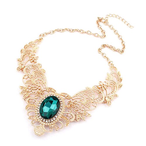 Boho Vintage Women Luxury Party Hollow Out Flower Oval Rhinestone Statement Bib Necklace indian  Lady Dress Choker Big Necklace