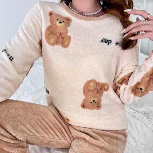 Autumn And Winter Pajamas Suit Flannel Bear Printed Long-sleeved Trousers