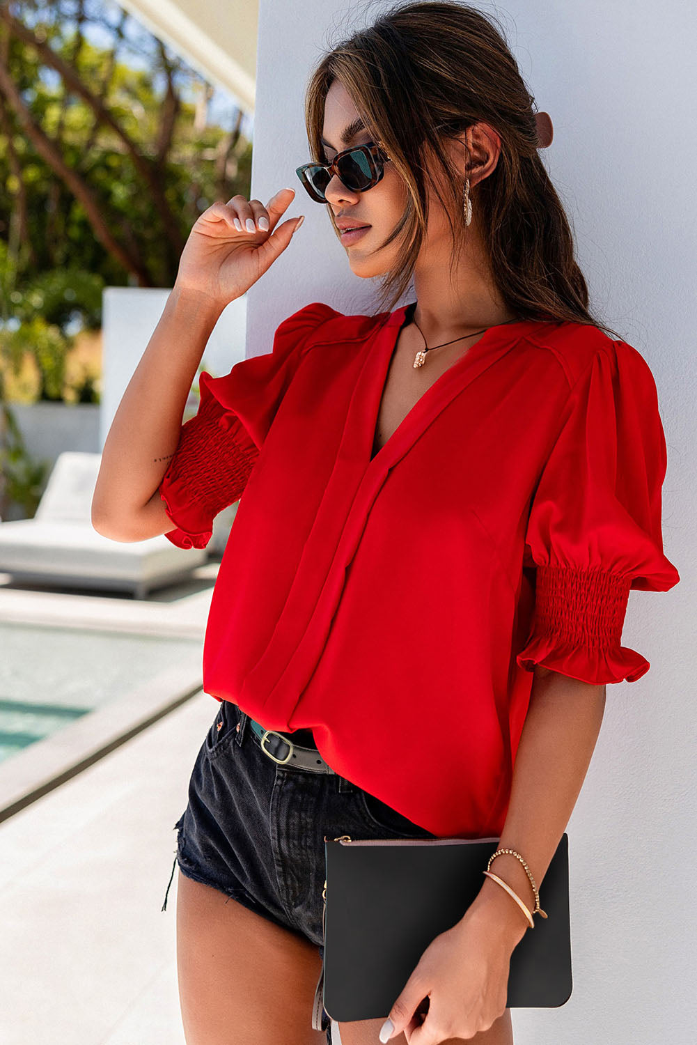 Fiery Red Solid Color Half Sleeve V Neck top