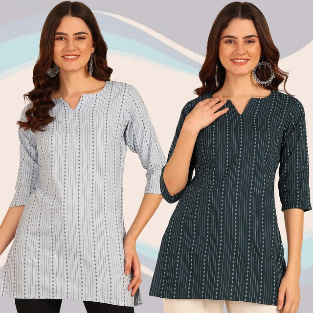 Cotton Printed Short Kurti for Women (Sky Blue & Teal, S) (Pack of 2)