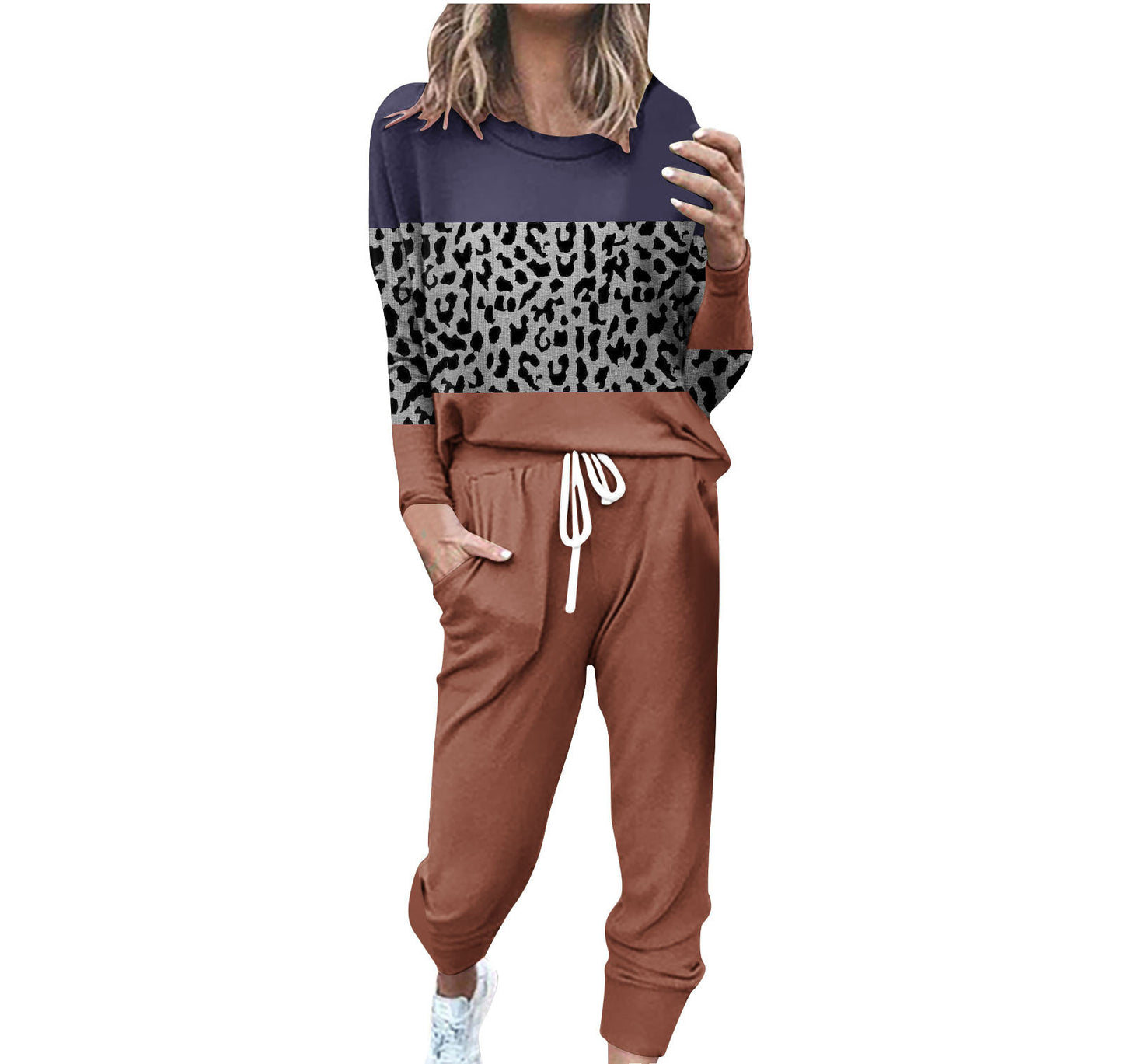 Striped Contrast Color Slim Long Sleeve Top High Waist Straight Wide Drawstring Pocket Trousers Suit