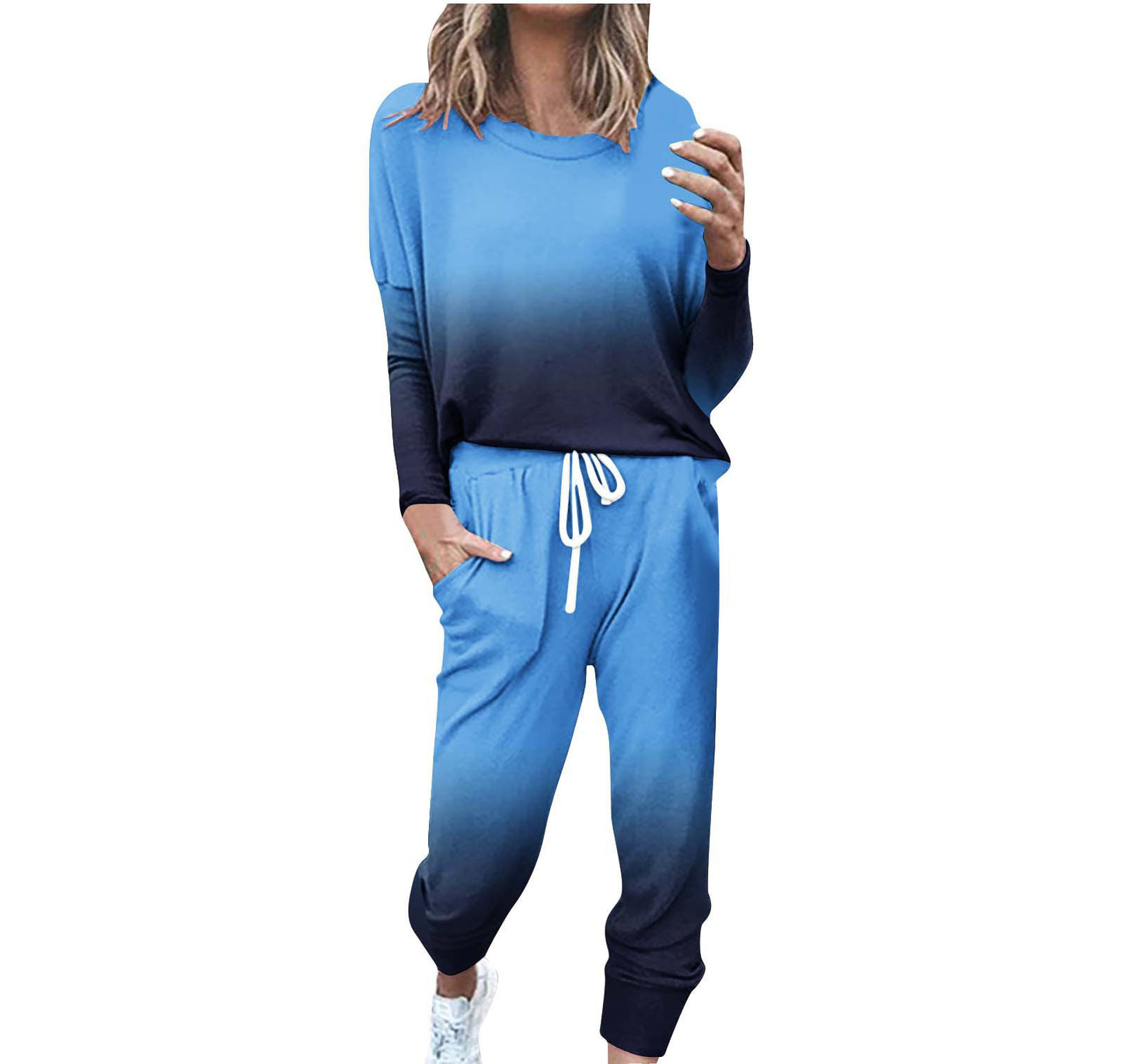 Striped Contrast Color Slim Long Sleeve Top High Waist Straight Wide Drawstring Pocket Trousers Suit