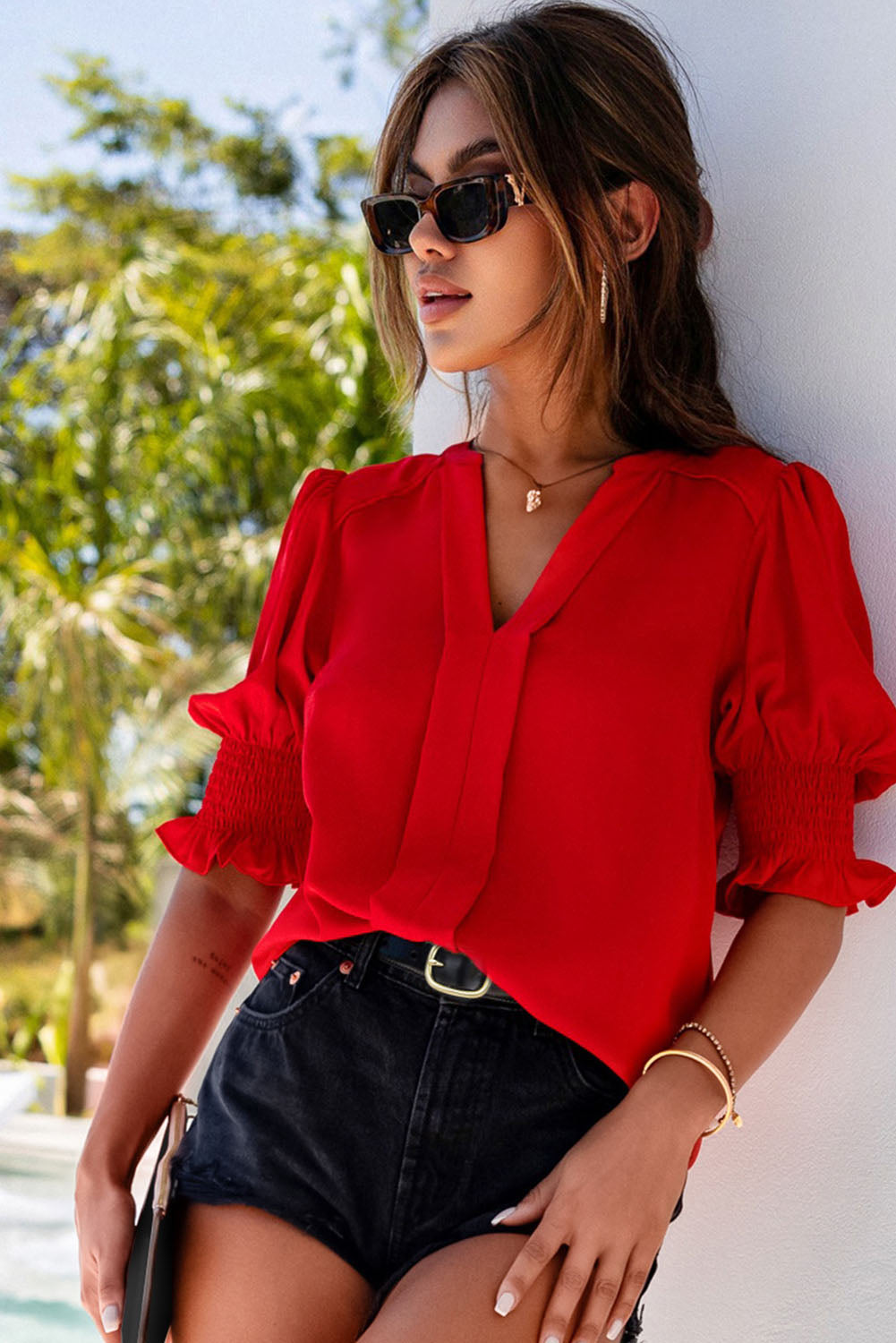 Fiery Red Solid Color Half Sleeve V Neck top