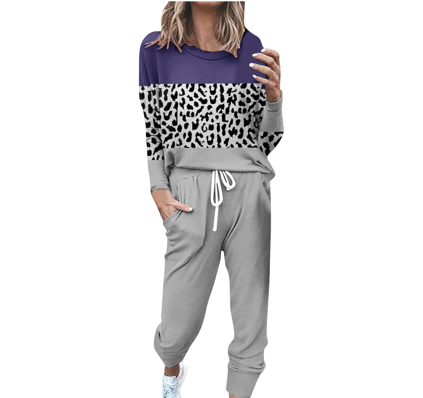 Striped Contrast Color Slim Long Sleeve Top High Waist Straight Wide Drawstring Pocket Trousers Suit